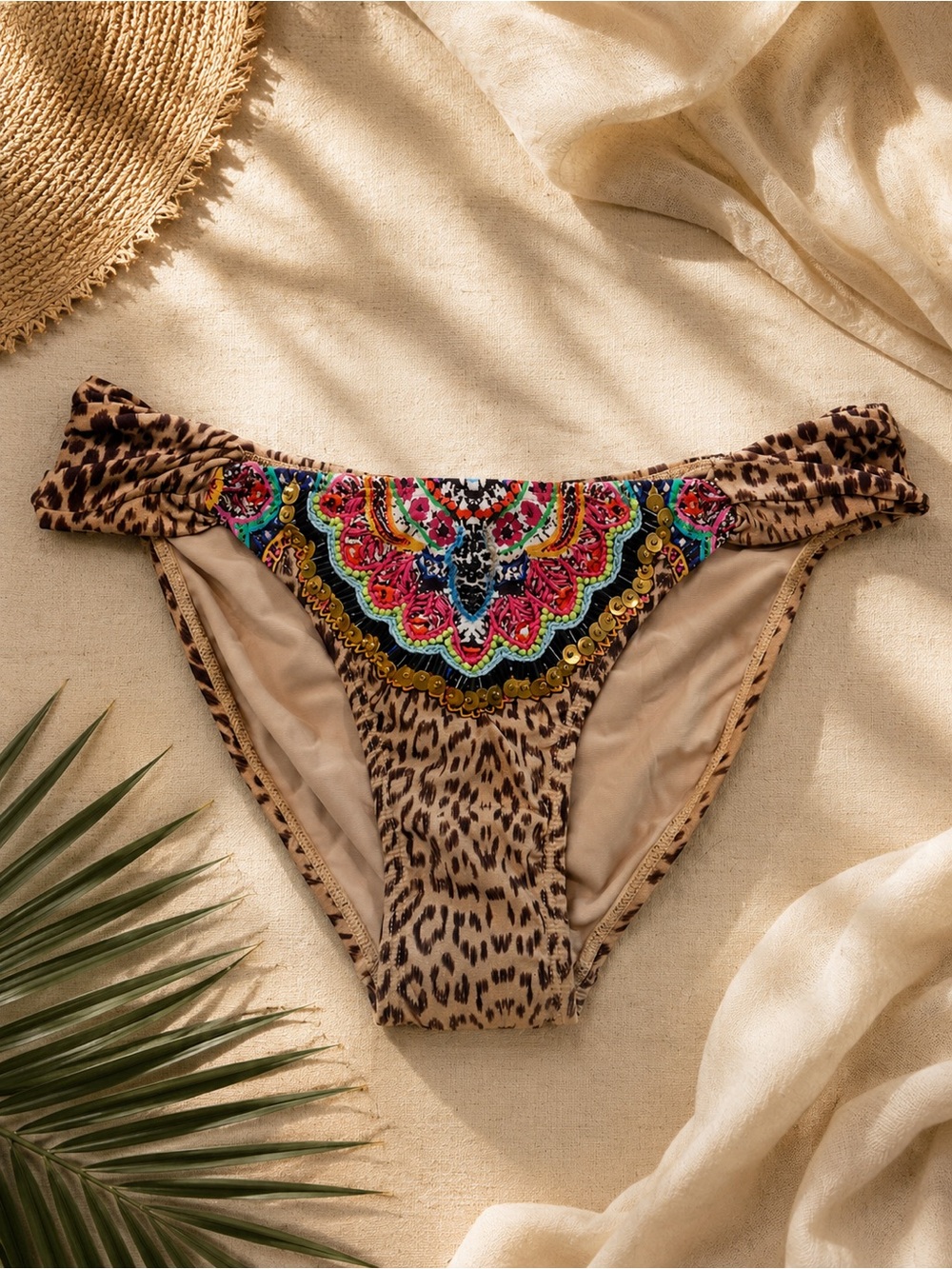 PQ Swim Raja Embroidered Fanned Bikini Bottoms Leopard Beaded NWT Size L